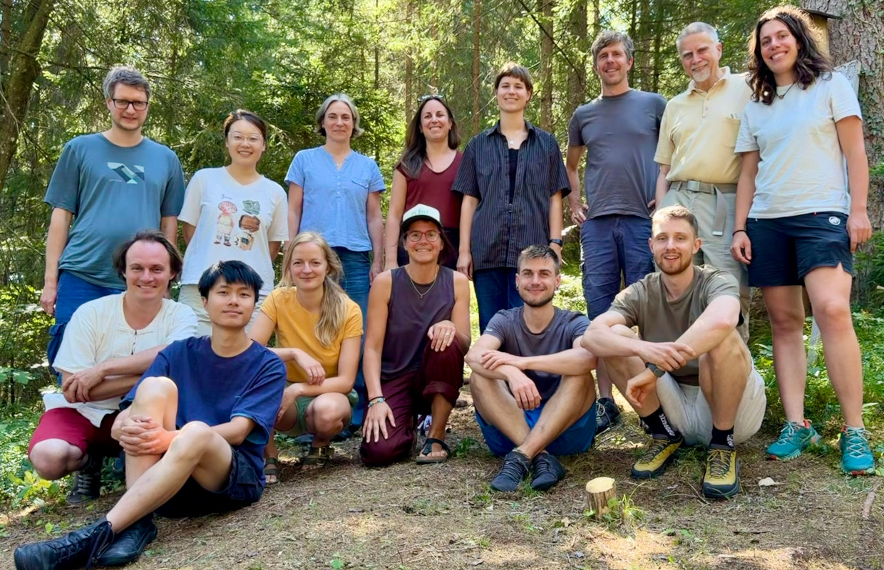 Plant ecophysiology working group standing and kneeling, in the background forest
